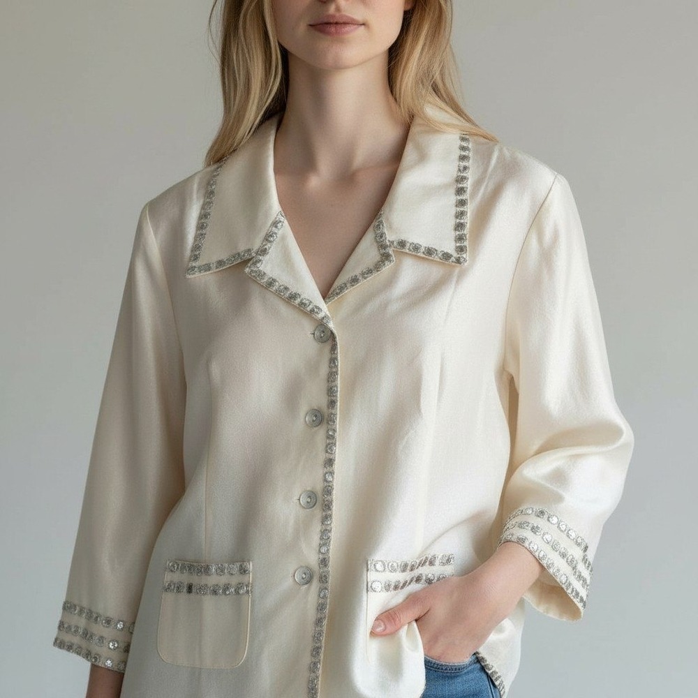 SILKLAND Silk BlazerJacket Y2K Cream Shell Embellishment Classic Size 14 Chic‎